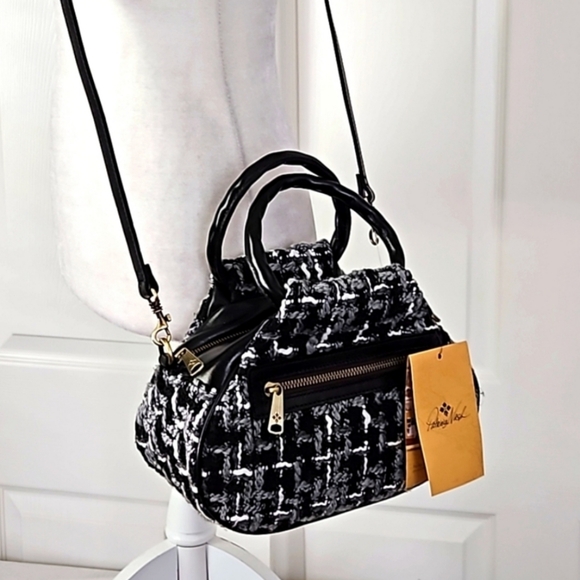 Patricia Nash Millburn Crossbody Black Leather & Boucle Woven Pattern - Picture 2 of 8